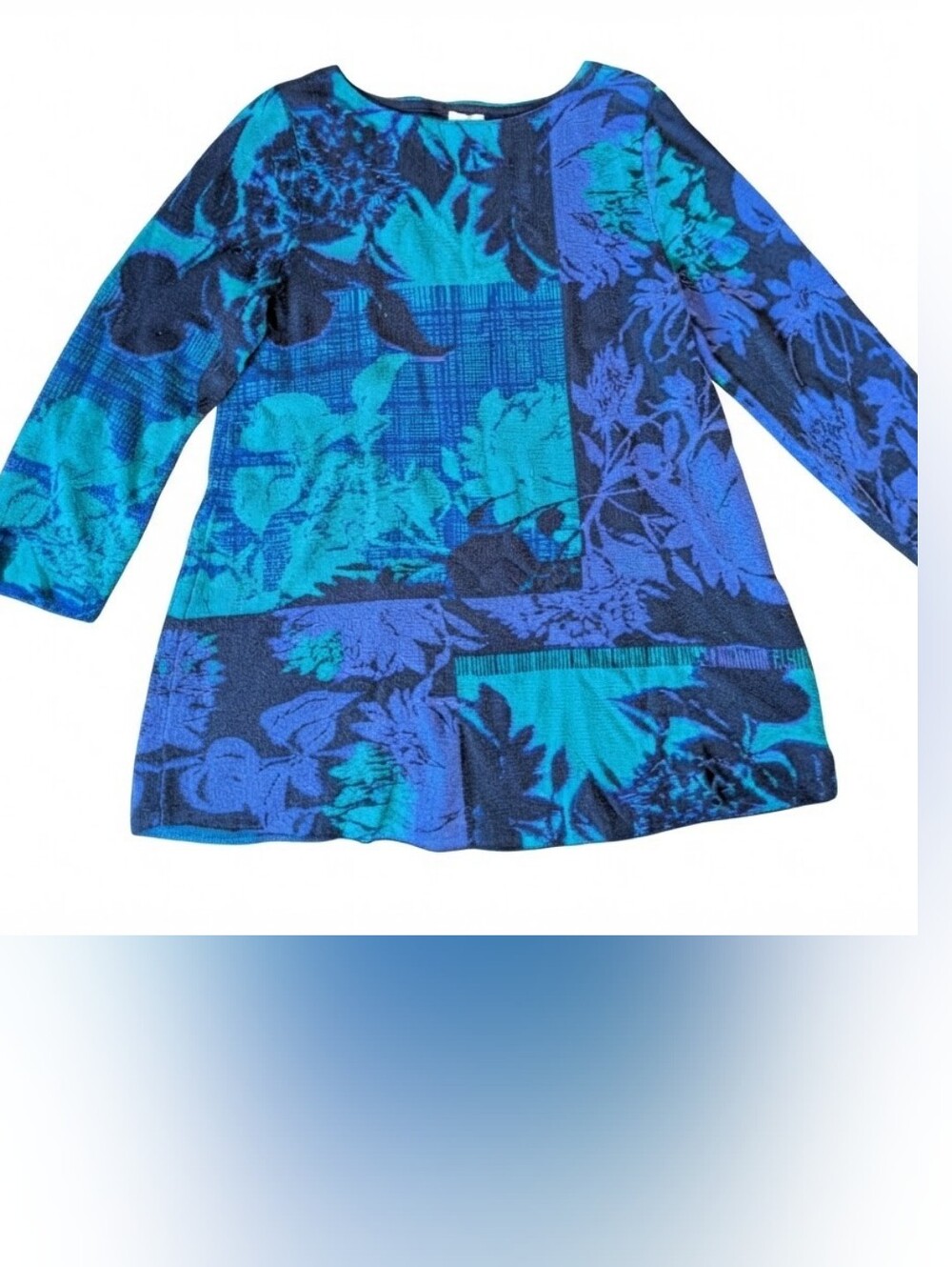 Chico's Blue Green Floral Knit Top 1 M Leaves Colorblock Fall Dark Academia